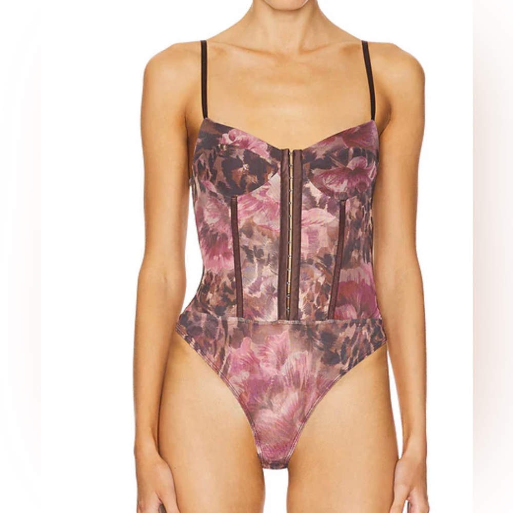 Free People Floral Corset-Style Bodysuit in Mauve and Brown